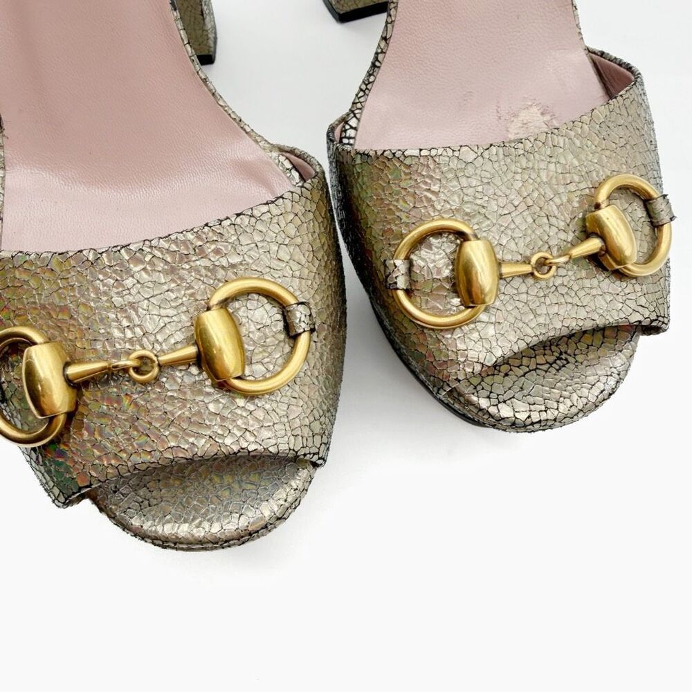 GUCCI Claudie Platform Horsebit Iridescent Gold Heeled Sandal Size 37 Leather - Picture 3 of 12